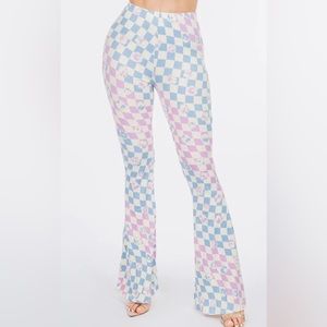 Bear Dance Boutique Wavy Checker Blue White Purple Flare Bell Bottom Pants NWT